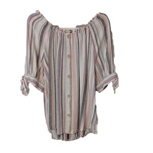 𝅺EST. 1948 Linen Blend‎ Barcode Stripe Short Tie Sleeve Button Front Top 18/20W